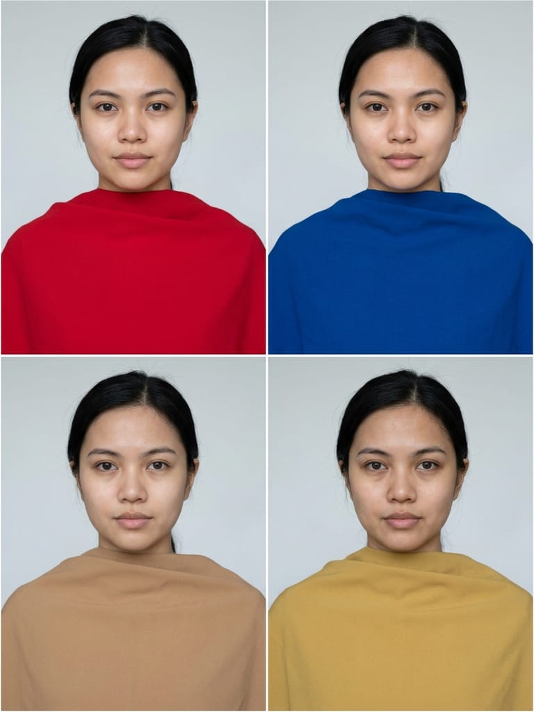 The same face four times: draped in true red and cobalt blue on the top row, and in camel and muted mustard on the bottom row.