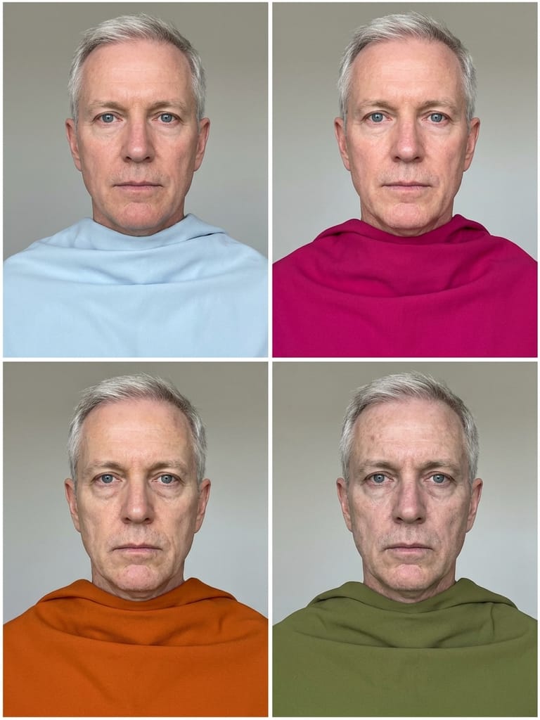 The same face four times: draped in icy blue and fuchsia on the top row, and in pumpkin orange and olive green on the bottom row.