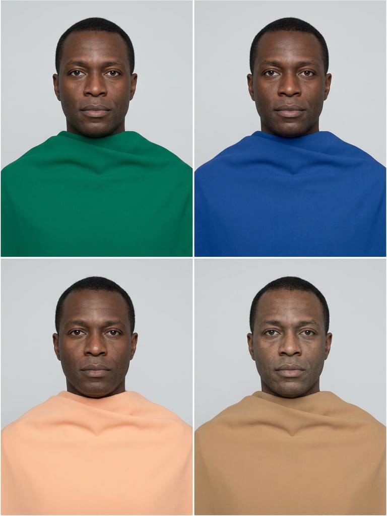 The same face four times: draped in emerald and sapphire blue on the top row, and in peach and camel on the bottom row.