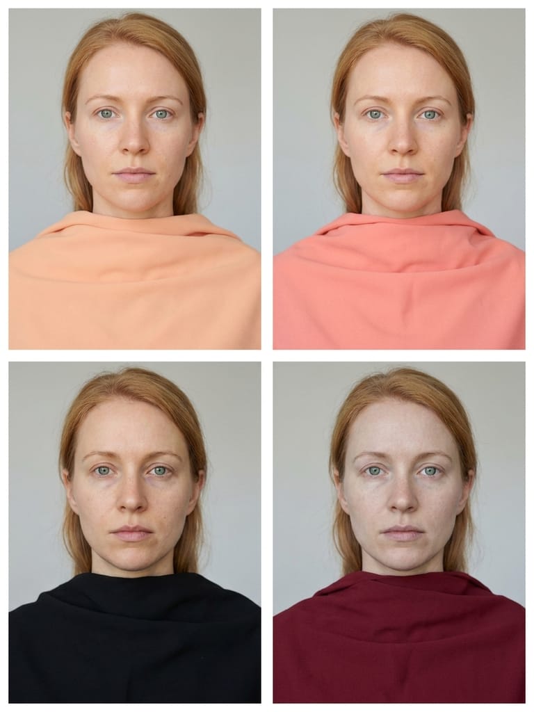 The same face four times: draped in peach and light coral on the top row, and in black and burgundy on the bottom row.