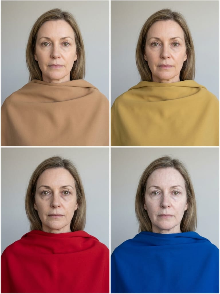 The same face four times: draped in camel and muted mustard on the top row, and in true red and cobalt blue on the bottom row.
