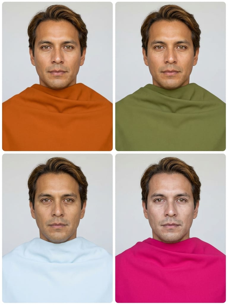 The same face four times: draped in pumpkin orange and olive green on the top row, and in icy blue and fuchsia on the bottom row.