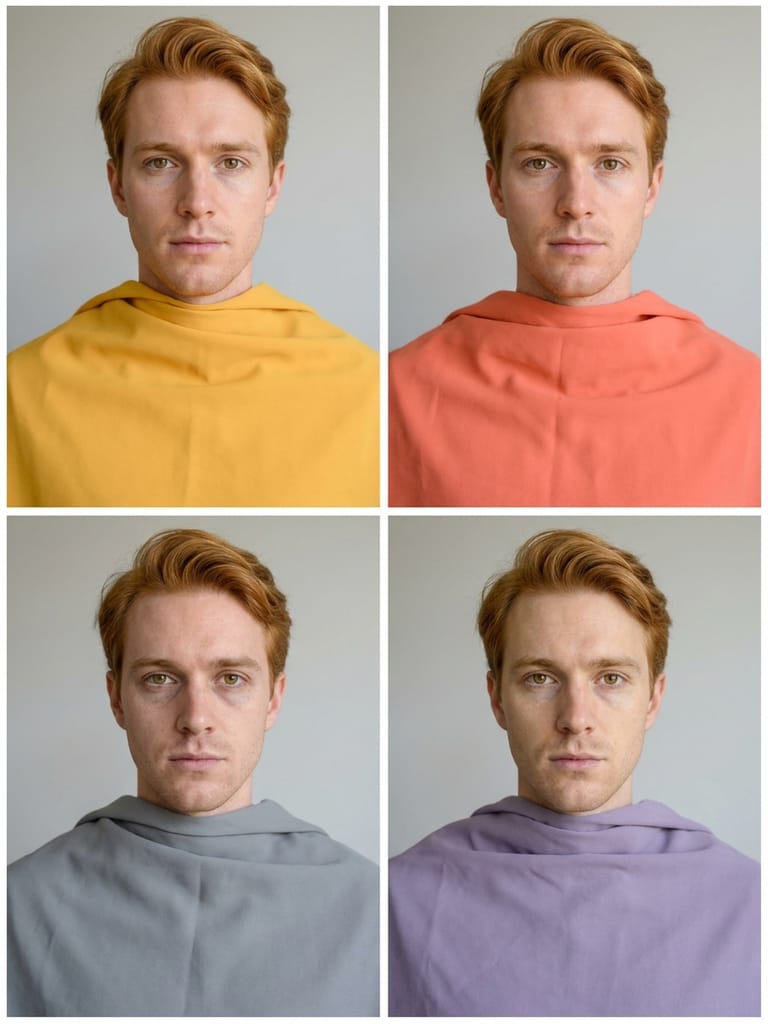 The same face four times: draped in golden yellow and warm coral on the top row, and in cool grey and dusty lavender on the bottom row.